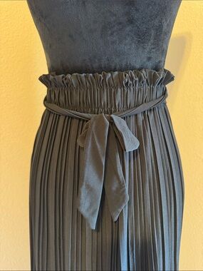Black Pleated Maxi Skirt with Waist Tie